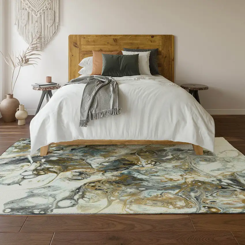 Cool Gray And Gold Abstract Washable Indoor Outdoor Area Rug Photo 7