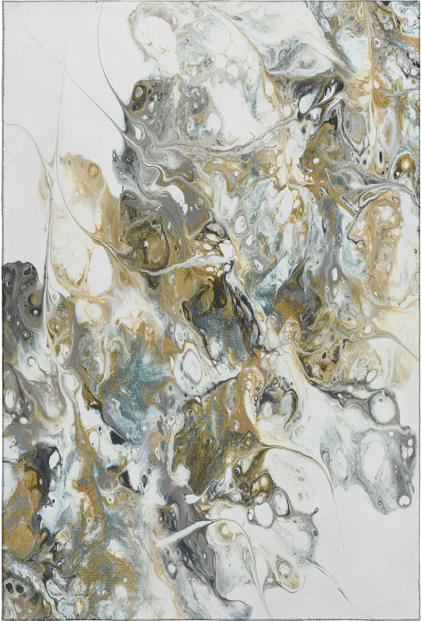 Cool Gray And Gold Abstract Washable Indoor Outdoor Area Rug Photo 2