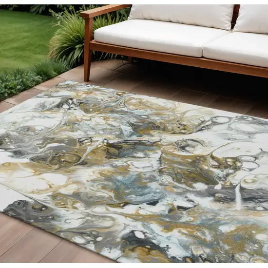 Cool Gray And Gold Abstract Washable Indoor Outdoor Area Rug Photo 1