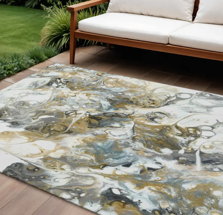 Cool Gray And Gold Abstract Washable Indoor Outdoor Area Rug Photo 1