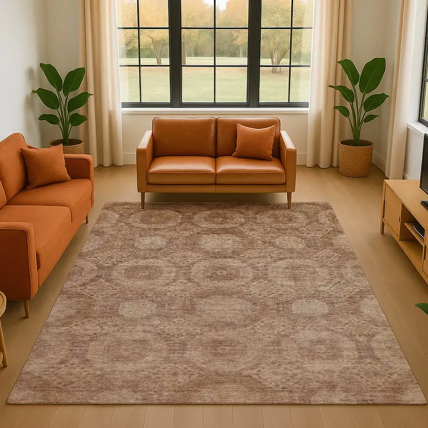 Copper And Beige Abstract Geometric Washable Area Rug With UV Protection Photo 5