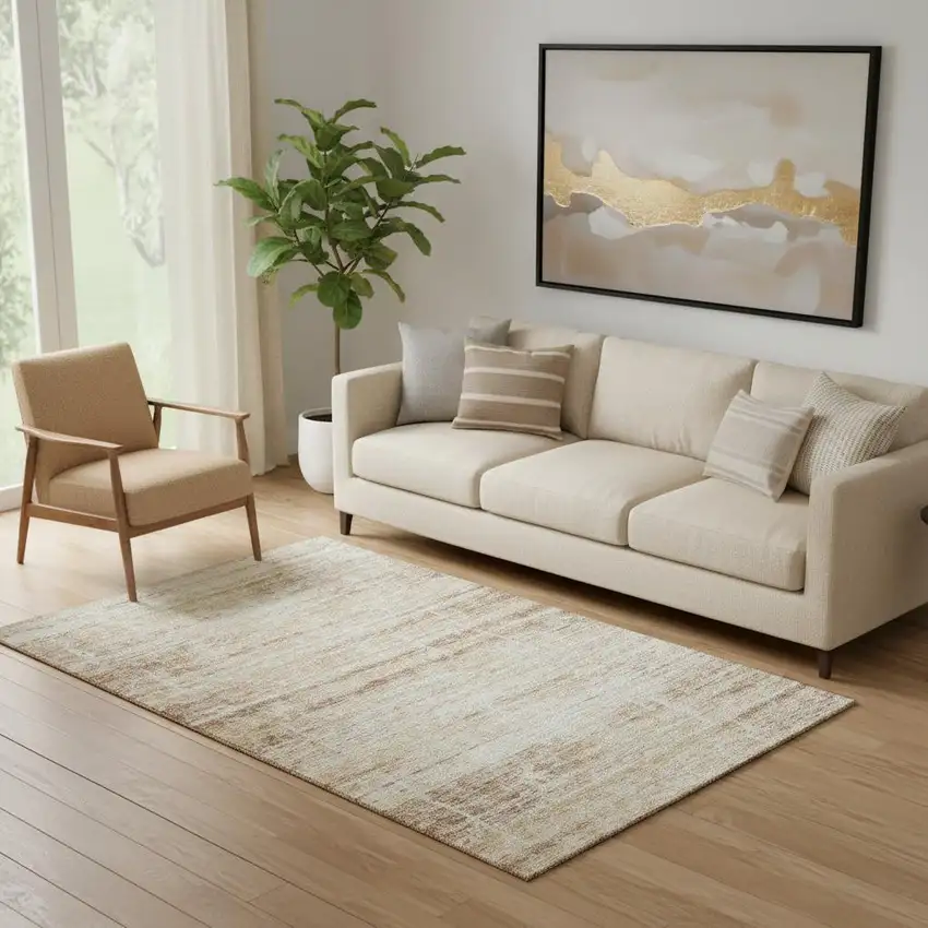 Copper And Beige Abstract Washable Area Rug With UV Protection Photo 1