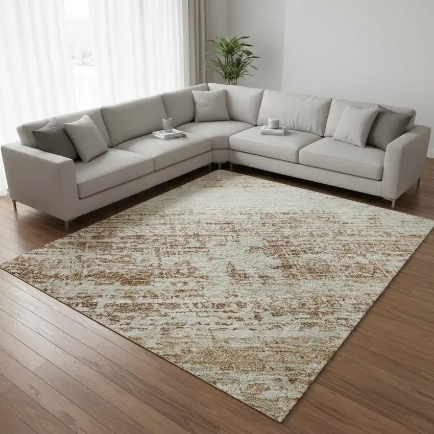 Copper And Beige Abstract Washable Area Rug With UV Protection Photo 2