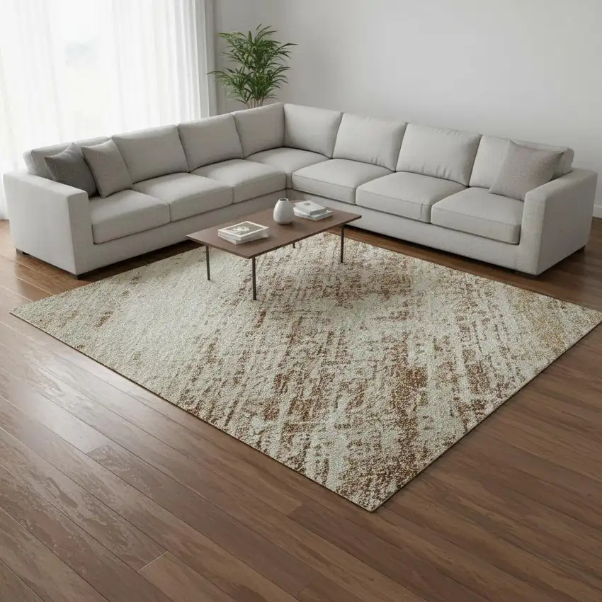 Copper And Beige Abstract Washable Area Rug With UV Protection Photo 2