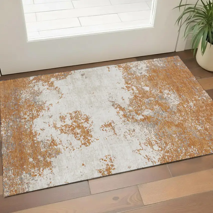 Copper And Beige Abstract Washable Area Rug With UV Protection Photo 2