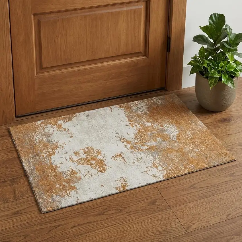 Copper And Beige Abstract Washable Area Rug With UV Protection Photo 1