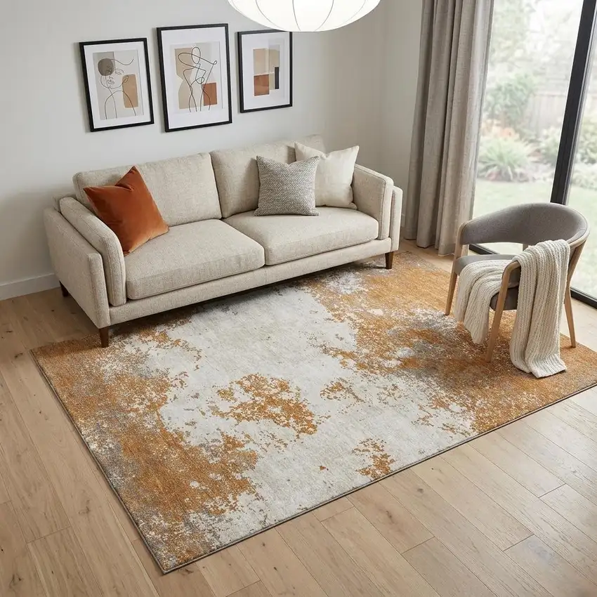 Copper And Beige Abstract Washable Area Rug With UV Protection Photo 1