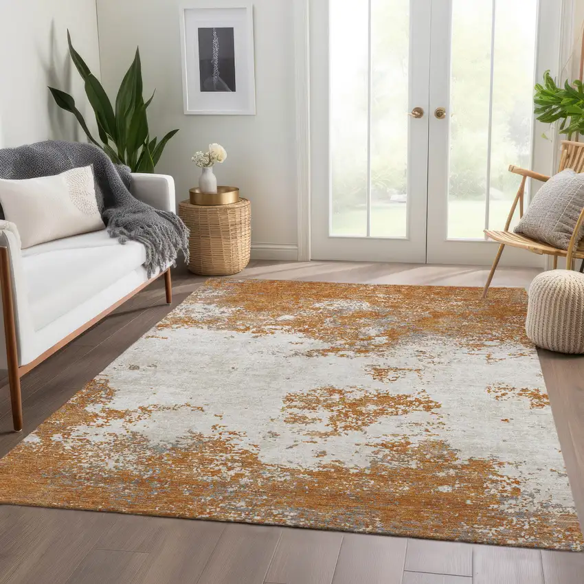 Copper And Beige Abstract Washable Area Rug With UV Protection Photo 5