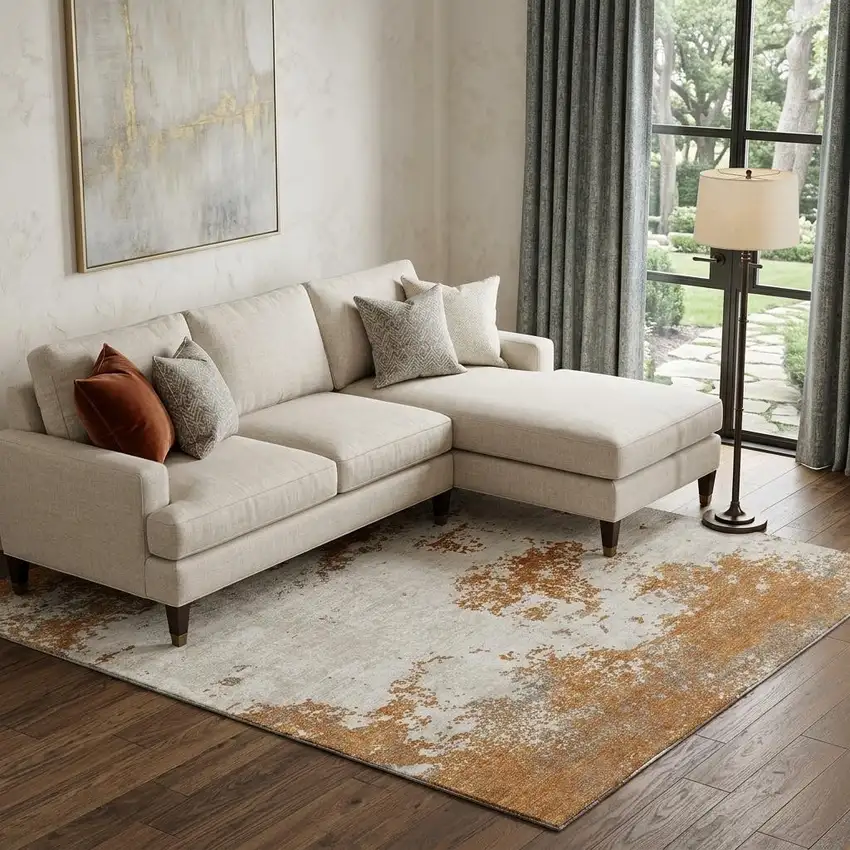 Copper And Beige Abstract Washable Area Rug With UV Protection Photo 1