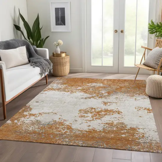Copper And Beige Abstract Washable Area Rug With UV Protection Photo 4