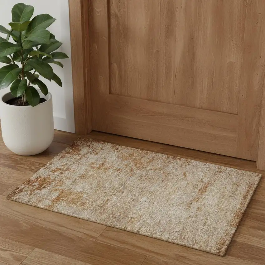 Copper And Beige Abstract Washable Area Rug With UV Protection Photo 1