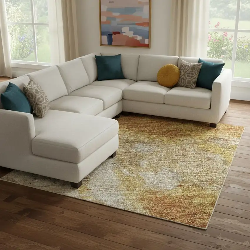 Copper And Beige Abstract Washable Area Rug With UV Protection Photo 2