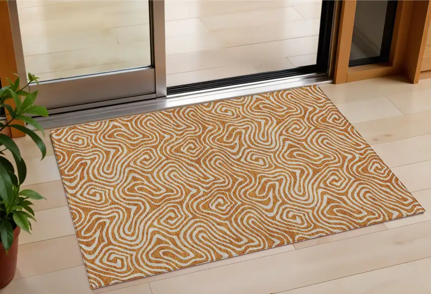 Copper And Beige Abstract Washable Indoor Outdoor Area Rug Photo 1