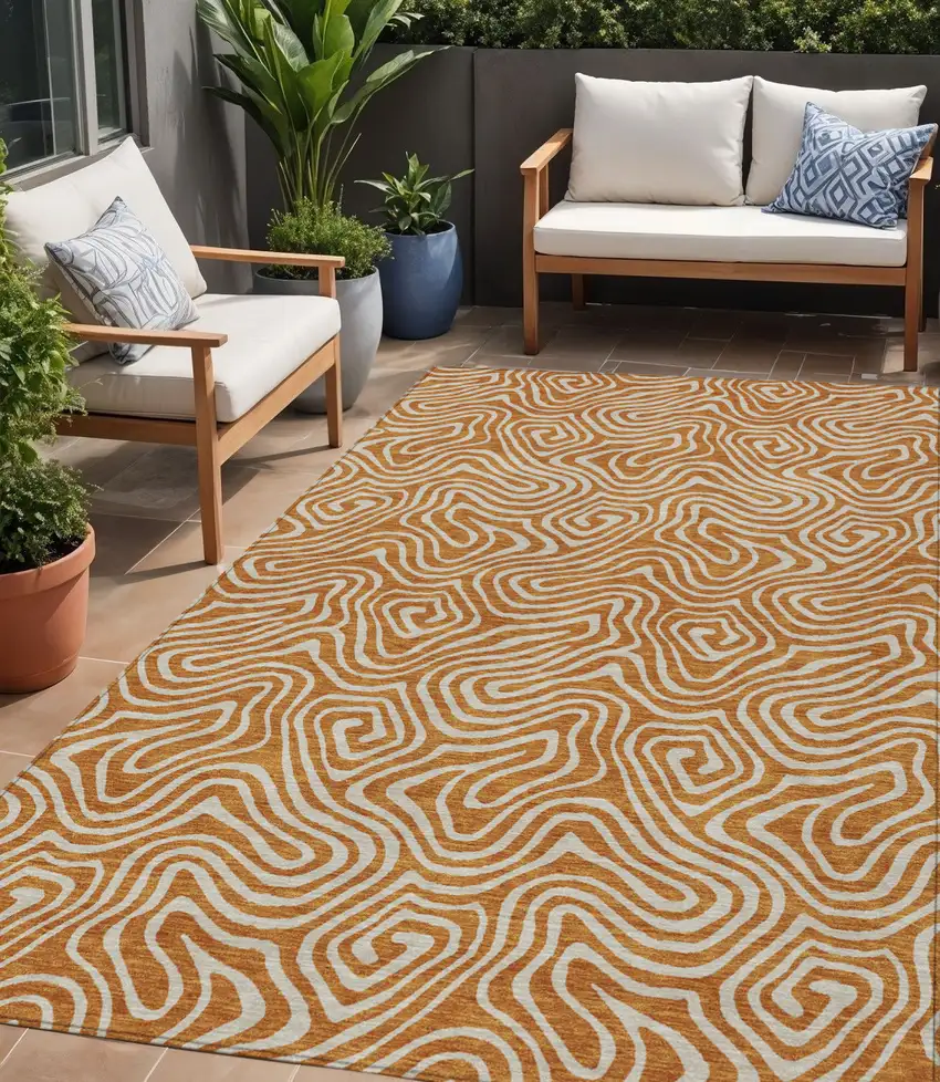 Copper And Beige Abstract Washable Indoor Outdoor Area Rug Photo 1