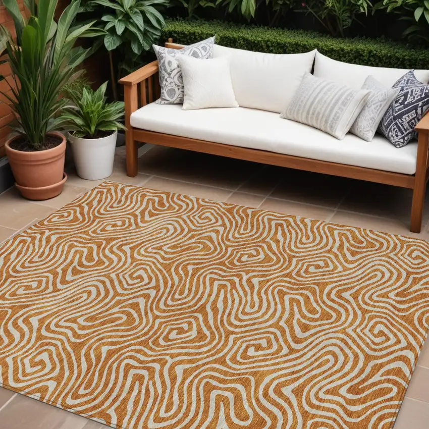 Copper And Beige Abstract Washable Indoor Outdoor Area Rug Photo 1