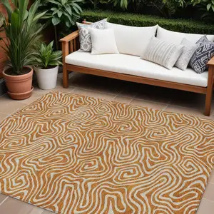 Photo of Copper And Beige Abstract Washable Indoor Outdoor Area Rug