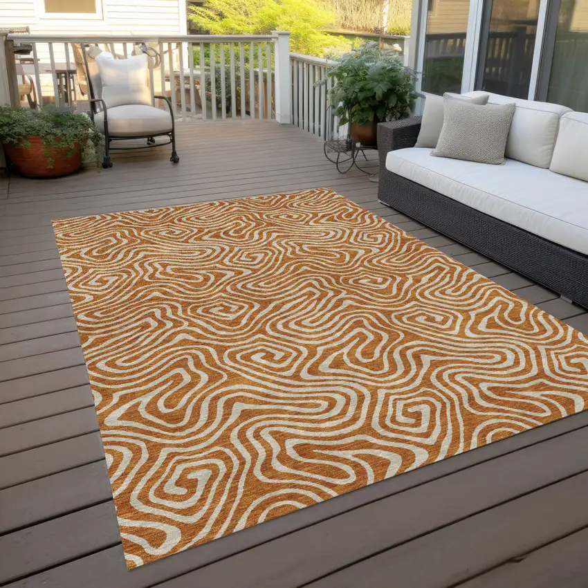 Copper And Beige Abstract Washable Indoor Outdoor Area Rug Photo 9
