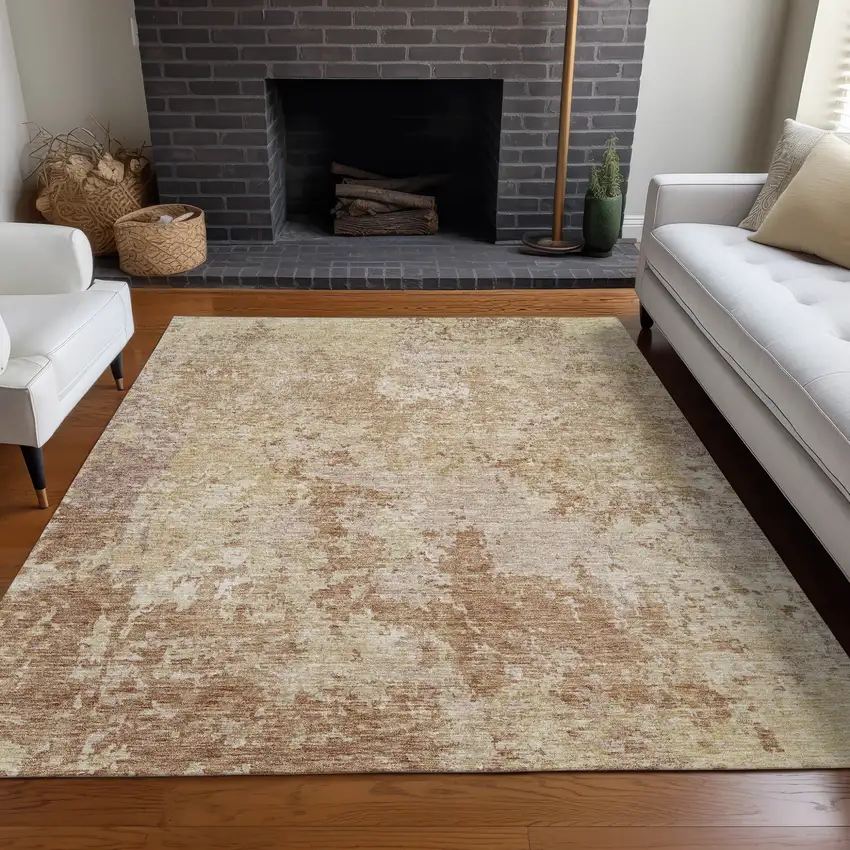 Copper And Beige Abstract Washable Indoor Outdoor Area Rug Photo 9