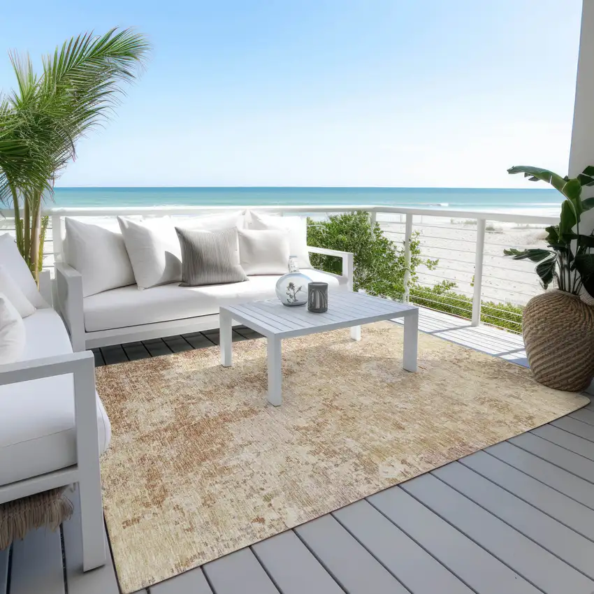 Copper And Beige Abstract Washable Indoor Outdoor Area Rug Photo 8