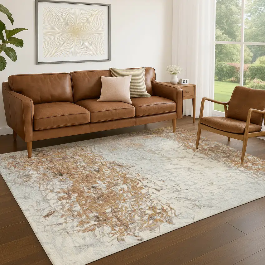 Copper And Beige Abstract Washable Indoor Outdoor Area Rug Photo 5