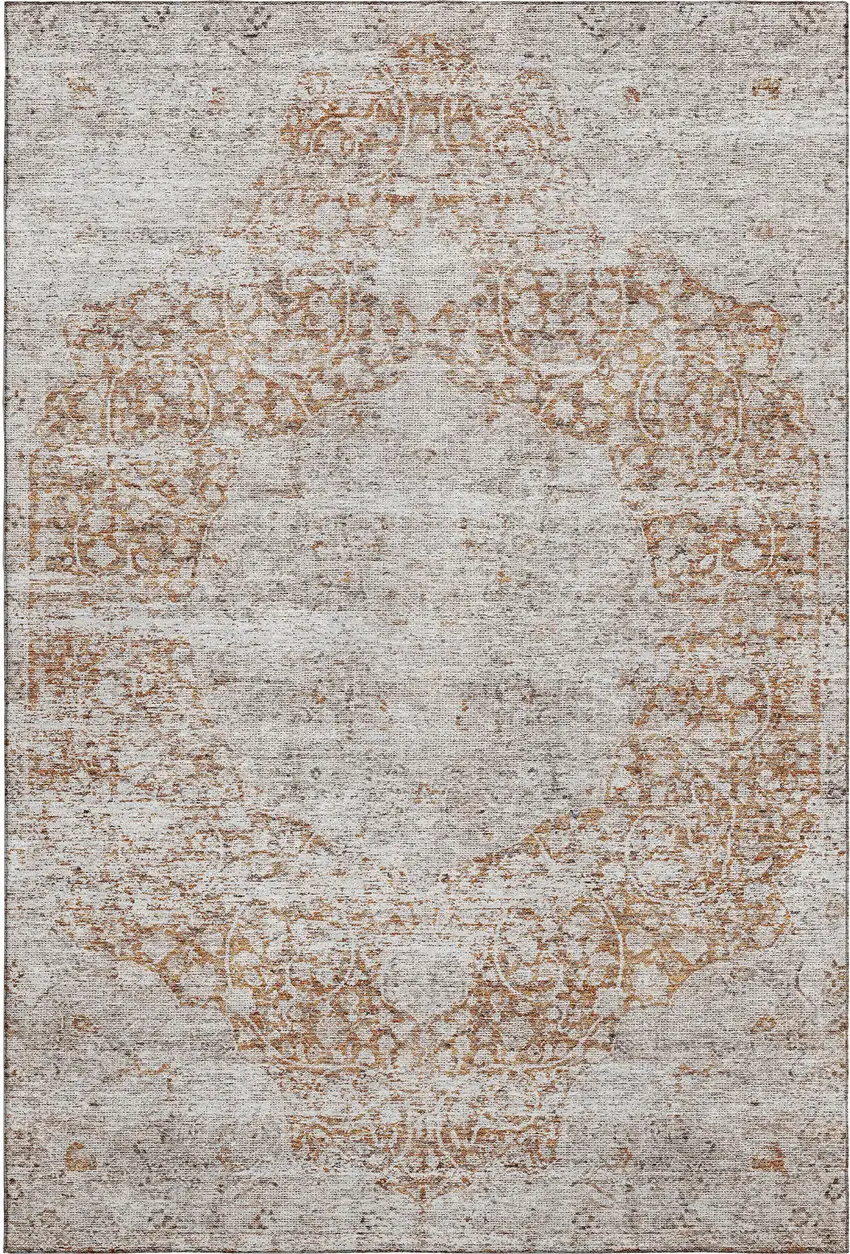 Copper And Beige Floral Medallion Washable Area Rug With UV Protection Photo 1