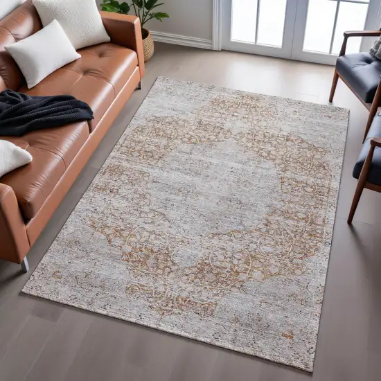 Copper And Beige Floral Medallion Washable Area Rug With UV Protection Photo 5