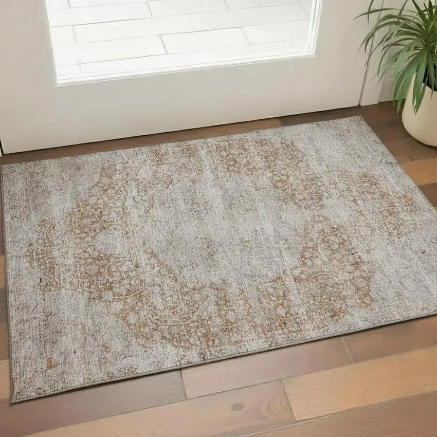 Copper And Beige Floral Medallion Washable Area Rug With UV Protection Photo 2