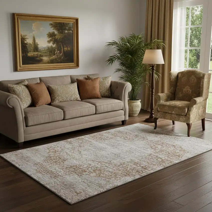 Copper And Beige Floral Medallion Washable Area Rug With UV Protection Photo 2