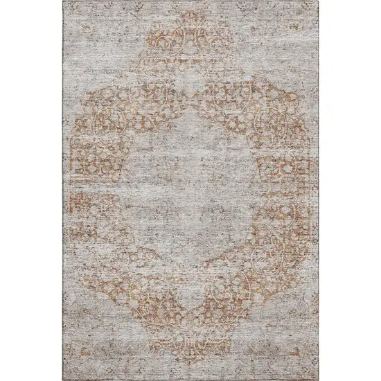 Copper And Beige Floral Medallion Washable Area Rug With UV Protection Photo 1
