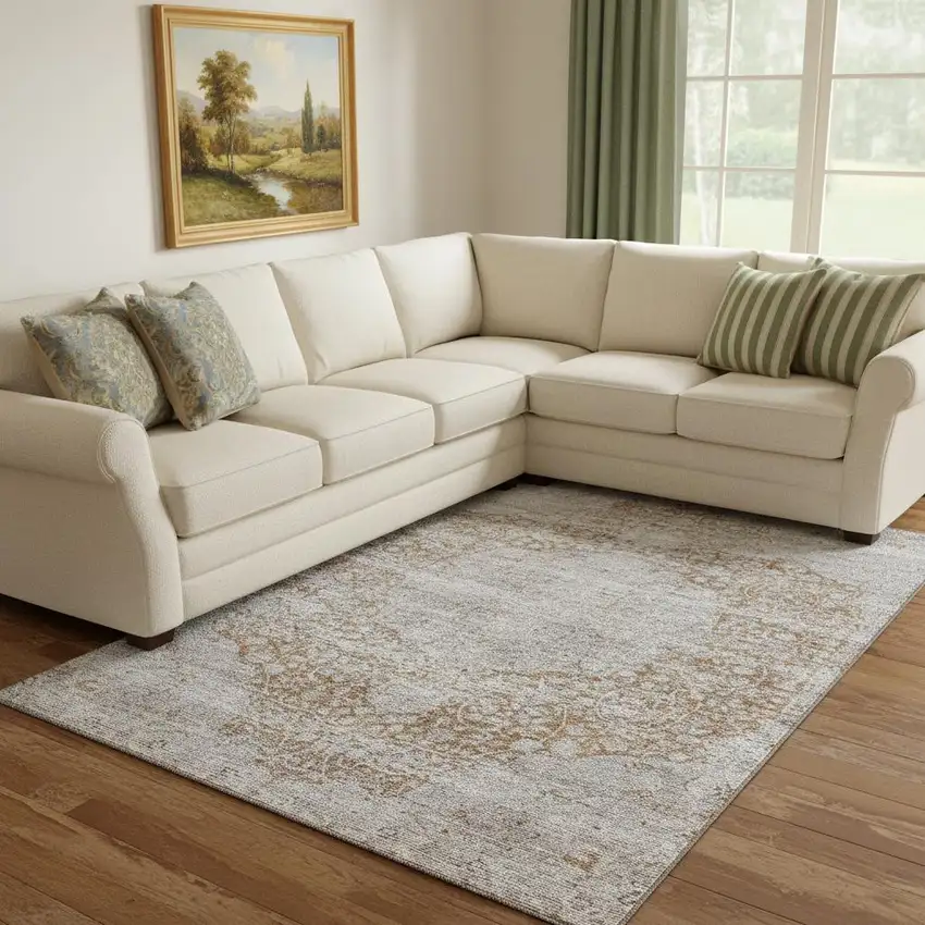 Copper And Beige Floral Medallion Washable Area Rug With UV Protection Photo 2