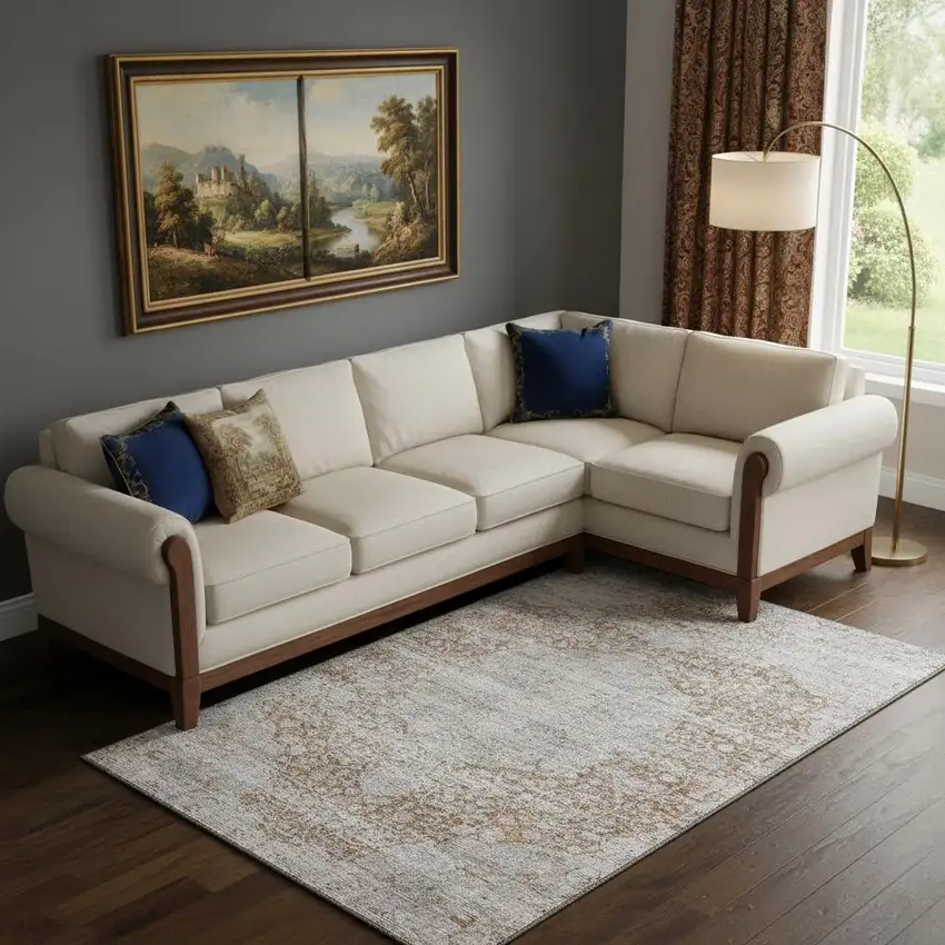 Copper And Beige Floral Medallion Washable Area Rug With UV Protection Photo 2