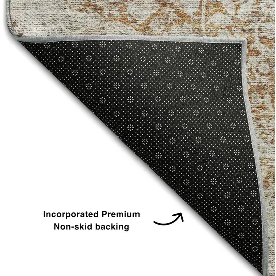 Copper And Beige Floral Medallion Washable Area Rug With UV Protection Photo 6