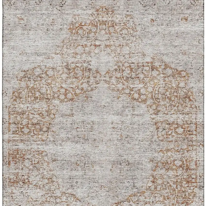 Copper And Beige Floral Medallion Washable Area Rug With UV Protection Photo 3