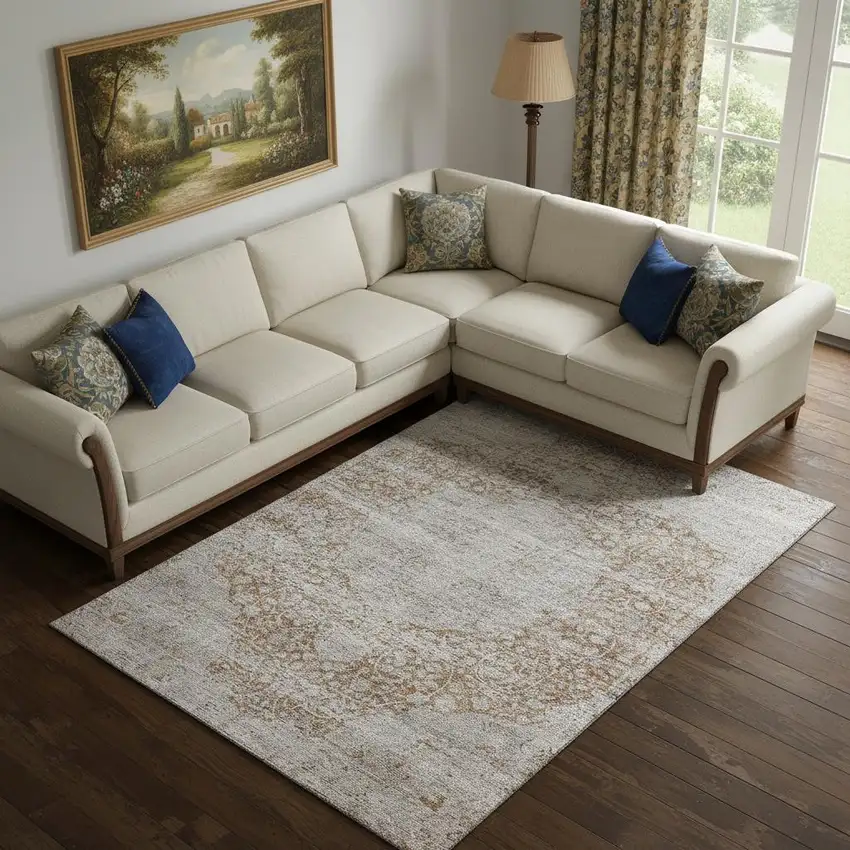 Copper And Beige Floral Medallion Washable Area Rug With UV Protection Photo 2