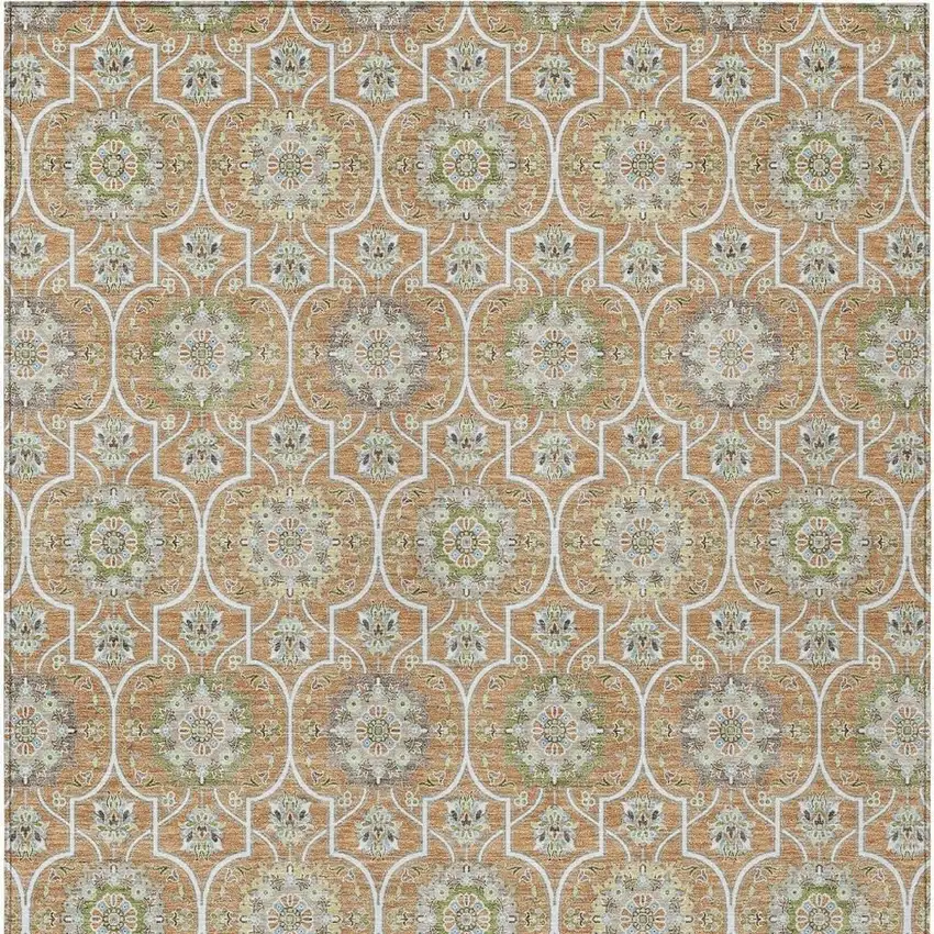 Copper And Beige Floral Medallion Washable Indoor Outdoor Area Rug Photo 6