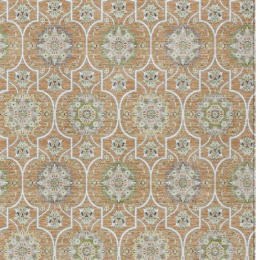 Copper And Beige Floral Medallion Washable Indoor Outdoor Area Rug Photo 5