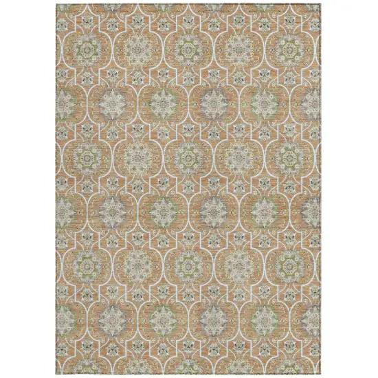 Copper And Beige Floral Medallion Washable Indoor Outdoor Area Rug Photo 4