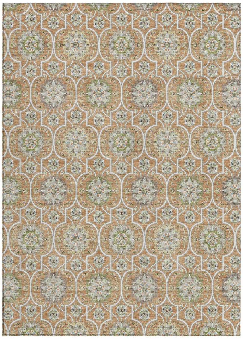 Copper And Beige Floral Medallion Washable Indoor Outdoor Area Rug Photo 4