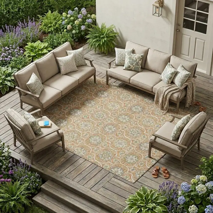 Copper And Beige Floral Medallion Washable Indoor Outdoor Area Rug Photo 1
