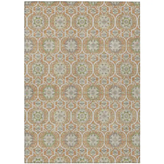 Copper And Beige Floral Medallion Washable Indoor Outdoor Area Rug Photo 2