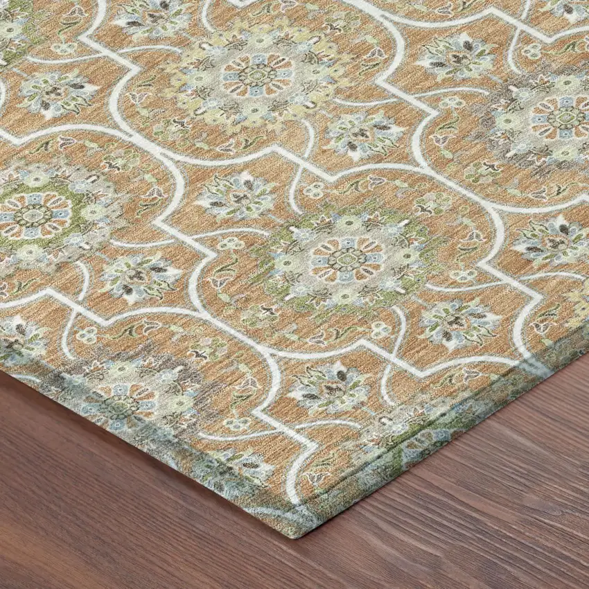 Copper And Beige Floral Medallion Washable Indoor Outdoor Area Rug Photo 7
