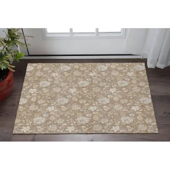 Copper And Beige Floral Washable Area Rug With UV Protection Photo 2