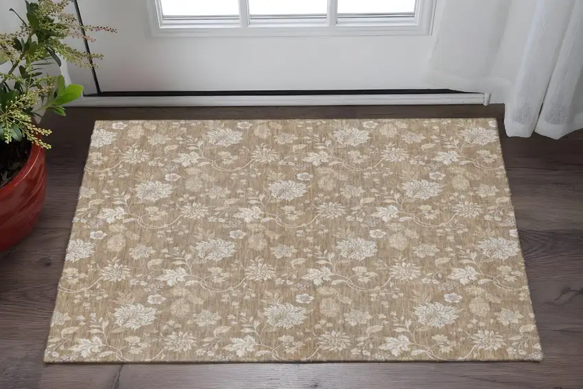 Copper And Beige Floral Washable Area Rug With UV Protection Photo 2