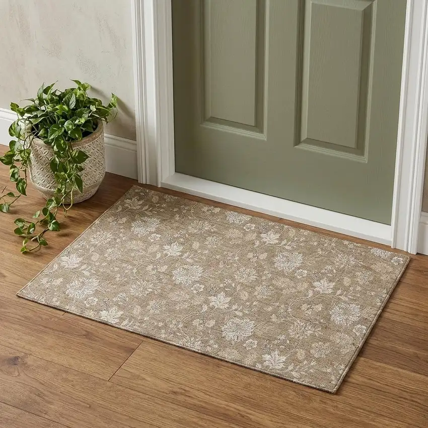 Copper And Beige Floral Washable Area Rug With UV Protection Photo 1