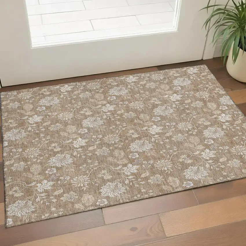 Copper And Beige Floral Washable Area Rug With UV Protection Photo 1