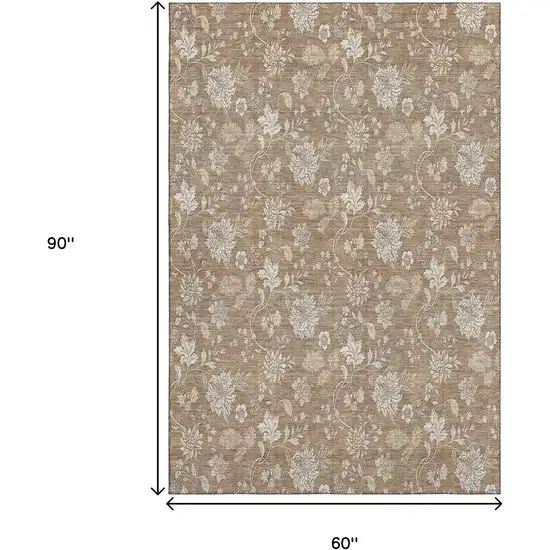 Copper And Beige Floral Washable Area Rug With UV Protection Photo 4