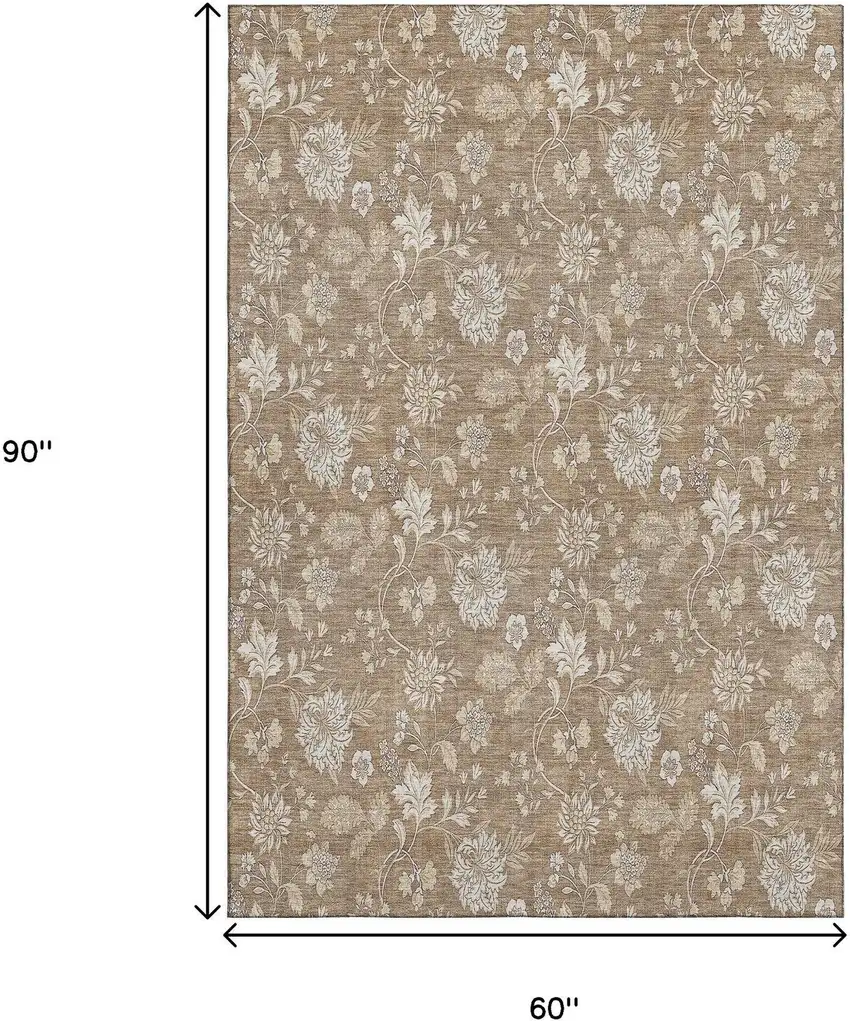 Copper And Beige Floral Washable Area Rug With UV Protection Photo 4
