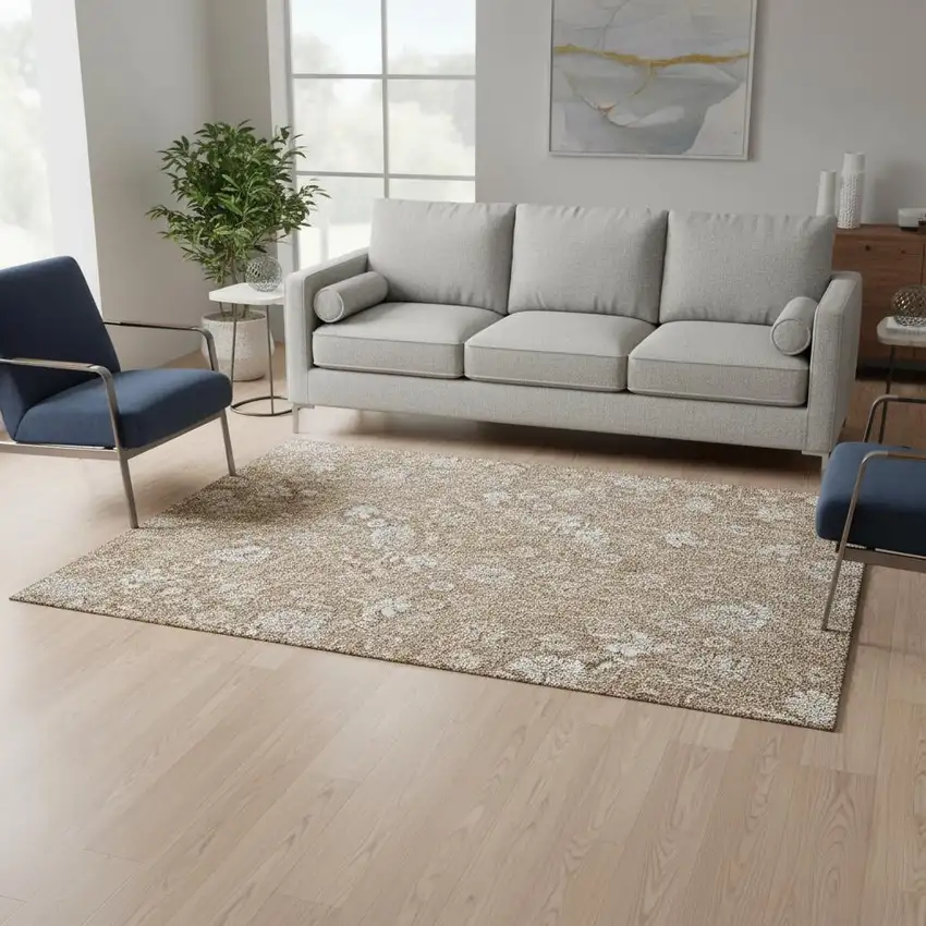 Copper And Beige Floral Washable Area Rug With UV Protection Photo 1