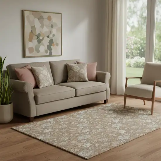 Copper And Beige Floral Washable Area Rug With UV Protection Photo 1