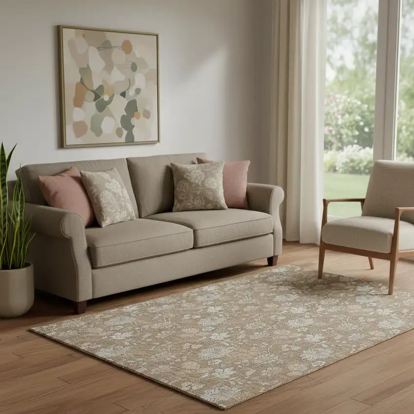 Copper And Beige Floral Washable Area Rug With UV Protection Photo 1